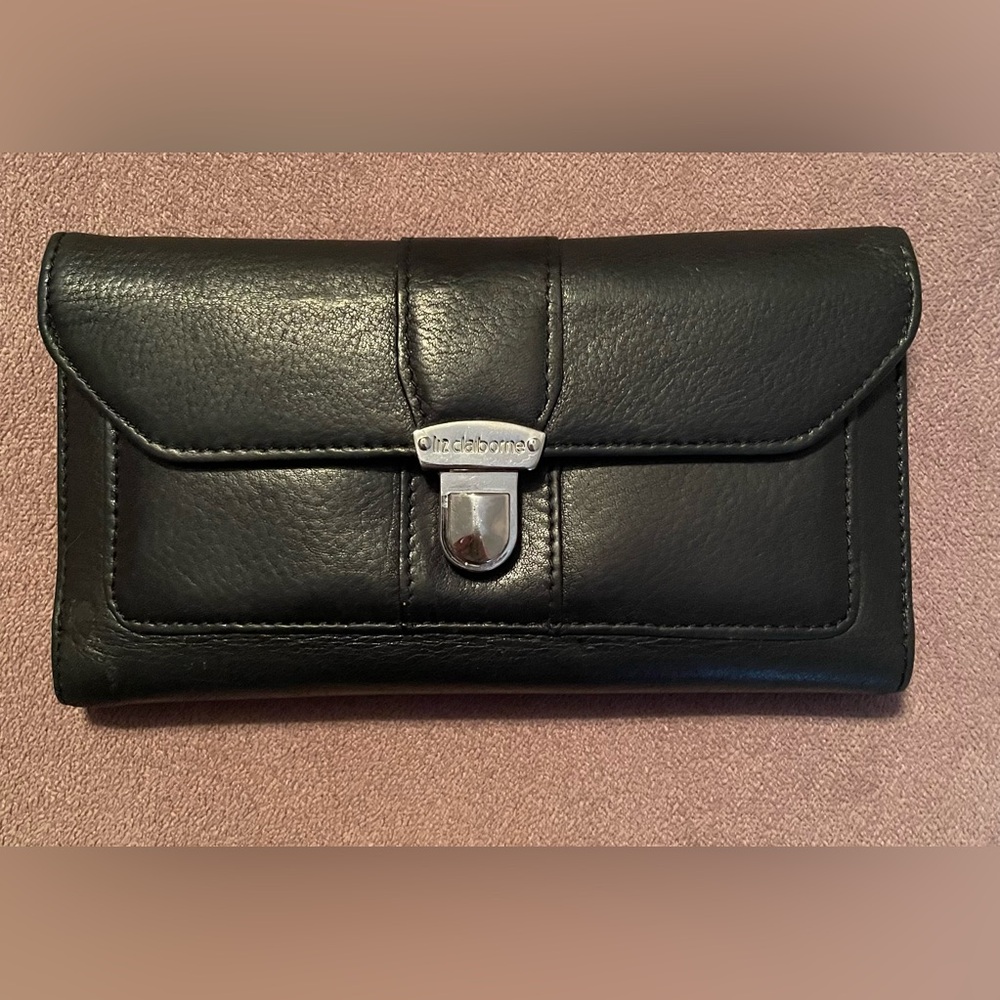 Liz Claiborne Black Leather Clutch with Silver Accent